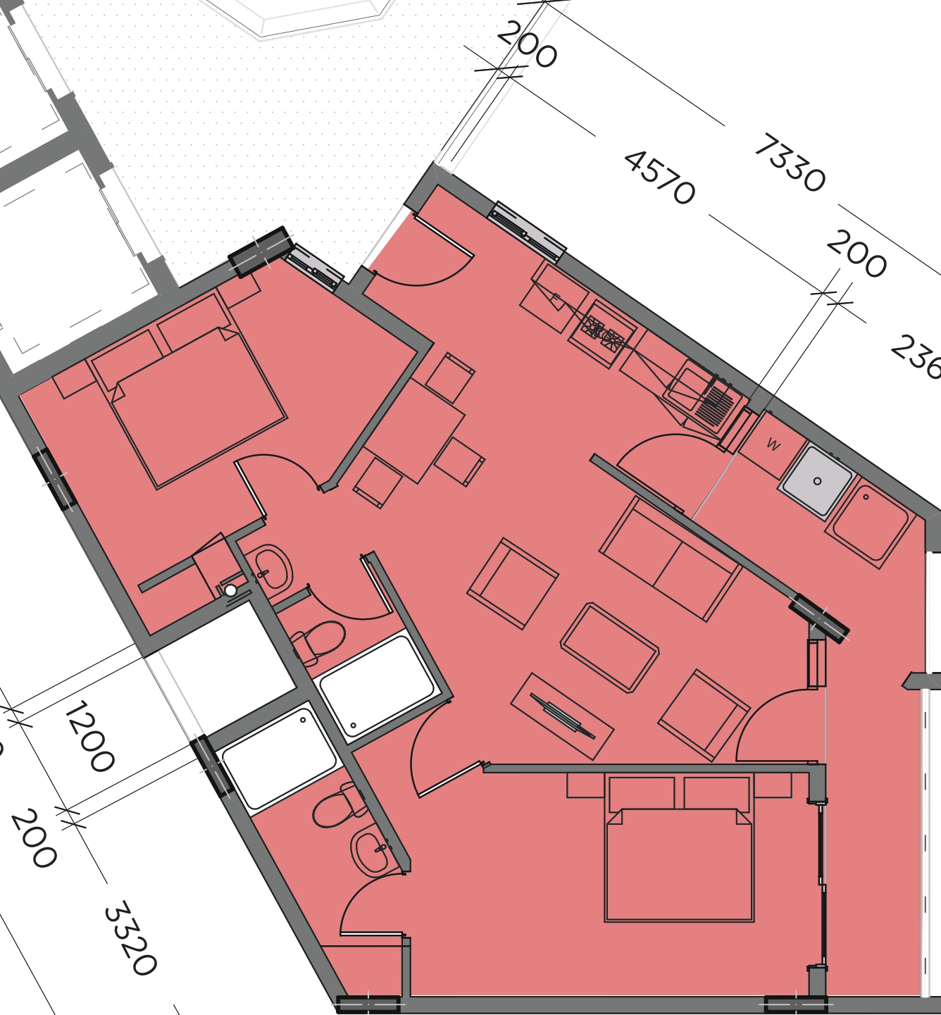 Modern one-bedroom apartment with spacious living area
