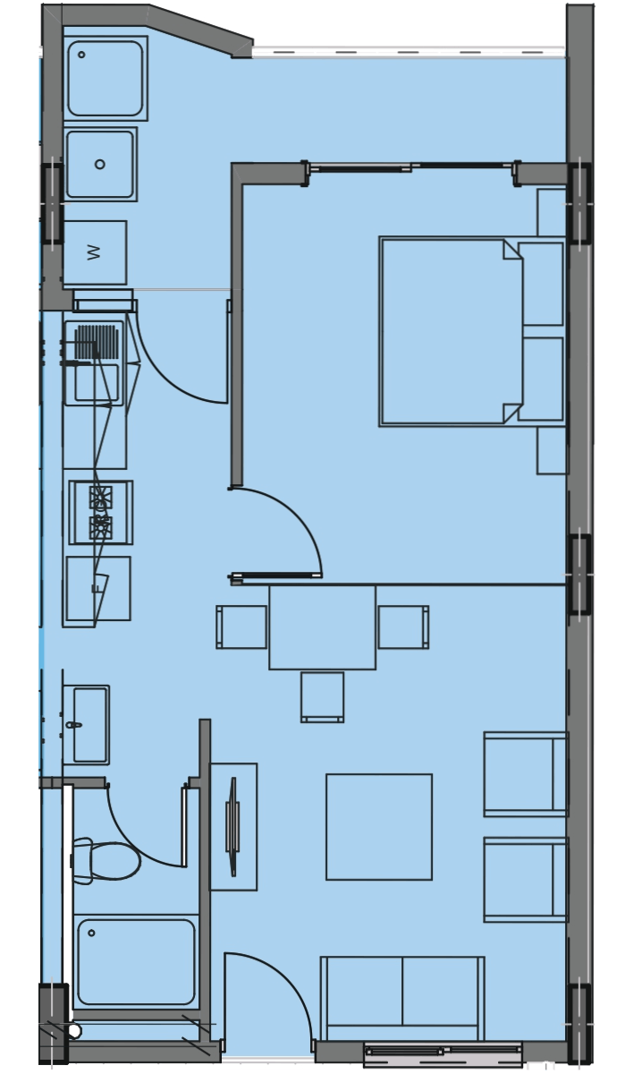 Modern one-bedroom apartment floor plan